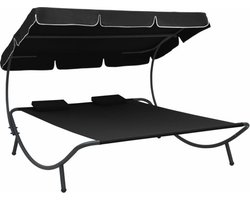 vidaXL - Loungebed - met - luifel - en - kussens - zwart
