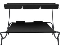 vidaXL Loungebed - Zwart - Inclusief Luifel en Kussens Dubbel Loungebed - Ligbed - Tuinset - Lounge Stoel - Terras Meubel