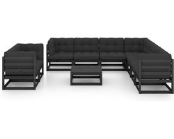 vidaXL Loungeset - 10-delig - Grenenhout - Zwart Tuin Lounge Set - Loungestoel - Houten Tuinstoel - Outdoor Furniture - Teak Garden Furniture