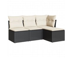 vidaXL Loungeset 4-delig - Poly Rattan Zwart - Incl. Kussens Tuin Lounge Set - Loungebank - Buitendecoratie - Outdoor Furniture - Hoeksofa