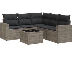vidaXL Loungeset 6-delig - Grijs - Inclusief kussens Tuinbank - Lounge Set - Buitendecoratie - Poly Rattan - Outdoor Furniture