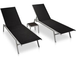 VidaXL® Luxe Ligbed met Tafel - Set van 2 Stuks - Staal en Textiel Linnen Zwart - Elegante Ligbedden Set - Ligbed Tuin - Ligbed Zwembad - Ligbed Strand