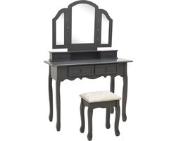 vidaXL Make-up Tafel - Kaptafel - Kaptafelset met kruk 100x40x146 cm paulowniahout grijs - Dressing Table - Houten Kaptafel - Grijze Kaptafel