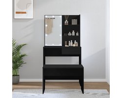 vidaXL Make-up Tafel - Kaptafel - Kaptafelset met LED-verlichting bewerkt hout zwart - Dressing Table - Led Verlichting - Houten Kaptafel
