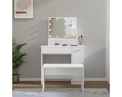 vidaXL Make-up Tafel - Kaptafel - Kaptafelset met LED's bewerkt hout wit - Dressing Table - Led Verlichting - Witte Kaptafel