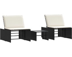 vidaXL - Modulaire - ligbedden - 2 - stuks - met - tafel - zwart - poly - rattan
