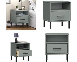 vidaXL Nachtkastje met metalen poten OSLO massief grenenhout grijs - Nachtkastje - Nachtkastjes - Nacht Kastje - Nacht Kastjes