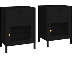 vidaXL - Nachtkastjes - 2 - st - 40x30x54,5 - cm - staal - en - glas - zwart