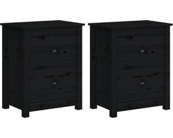 vidaXL Nachtkastjes - 2 stuks - Zwart - Massief grenenhout Nachtkastjes - Nachtkast - Slaapkamermeubilair - Houten Meubel - Zwarte Meubels
