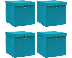 vidaXL - Opbergboxen - met - deksel - 4 - st - 32x32x32 - cm - stof - babyblauw