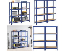 vidaXL Opbergrekken 4-laags 2 st staal & bewerkt hout blauw - Plank - Planken - Garage Stelling - Stellingkast