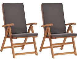 vidaXL - Opklapbare - relaxstoelen - met - kussens, - 2 - stuks, - massief - teakhout, - grijs
