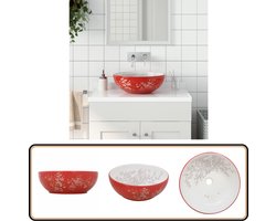 vidaXL Opzetwasbak Keramiek - Rond - Wit en Rood Opzetwasbak - Wastafel - Badkamerspiegel - Badkameraccessoires - Keramische Wastafel