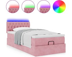 vidaXL - Ottoman - bed - met - matras - en - LED's - 90x200cm - fluweel - roze
