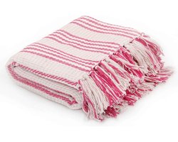 vidaXL - Plaid - strepen - 160x210 - cm - katoen - roze - en - wit