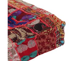vidaXL Poef Patchwork Vierkant - 50x50x12 cm - Rood Vintage Poef - Patchwork Poef - Handgemaakte Poef - Katoenen Poef - Indiaanse Stijl