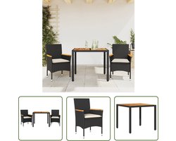 vidaXL Poly Rattan - Tuinset - 3-delige Tuinset met kussens poly rattan en acaciahout zwart - Acacia Hout - Zwarte Tuinbank - Eetkamerset