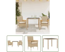vidaXL Poly Rattan - Tuinset - 3-delige Tuinset met kussens poly rattan en glas beige - Buitenshuis Dineren - Lounge Set - Balkon Meubel