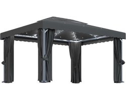 vidaXL - Prieel - met - gordijn - en - LED-lichtslinger - 4x3 - m - antracietkleurig