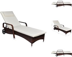 vidaXL Rattan Ligstoel - Rattan Ligstoelen - Rattan Zonnebed - Rattan Zonnebedden - Ligbed met kussen en wieltjes poly rattan bruin