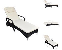 vidaXL Rattan Ligstoel - Rattan Ligstoelen - Rattan Zonnebed - Rattan Zonnebedden - Ligbed met kussen en wieltjes poly rattan zwart