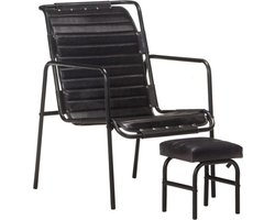 vidaXL - Relaxfauteuil - met - voetenbankje - echt - leer - zwart