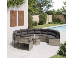 vidaXL Ronde Tuinbank met Tafel en Kussens - Grijs Tuinstoel - Lounge Set - Buitendecoratie - Poly Ratan - Tuinbank - Loungebank - Outdoor Furniture - Balkon Meubel