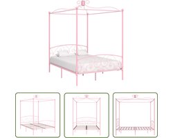 vidaXL Roos Kleurige Bed - Metalen Hemelbed - Hemelbedframe metaal roze 140x200 cm - Tweepersoons Bed - Slaapkamer Decoratie - Vintage Bed