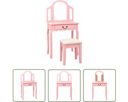 vidaXL Roze Kaptafel - Kaptafel - Kaptafel met kruk 65x36x128 cm paulowniahout MDF roze - Makeuptafel - Dressingtable - Salontafel