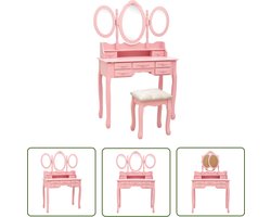 vidaXL Roze Kaptafel - Kaptafel - Kaptafel met kruk en drievoudige spiegel roze - Houten Kaptafel - Dressingtable - Makeup Table