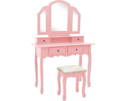 vidaXL Roze Kaptafel - Kaptafel - Kaptafelset met kruk 100x40x146 cm paulowniahout roze - Houten Kaptafel - Vintage Kaptafel - Dressing Table