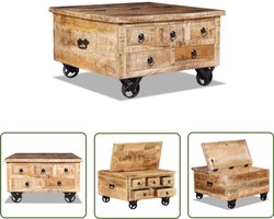 vidaXL Salontafel Mangohout 70x70x40 cm met Wielen Salontafel - Vintage Meubilair - Mangohouten Meubels - Industrieel Design - Tv Tafel