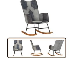 vidaXL Schommelstoel - Echt Leer & Canvas - Grijs Schommelstoel - Lederen Stoel - Lounge Stoel - Relaxfauteuil - Leesstoelen