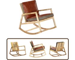 vidaXL Schommelstoel - Echt Leer - Massief Mangohout Schommelstoel - Leren Fauteuil - Mangohouten Fauteuil - Lounge Stoel - Relaxfauteuil
