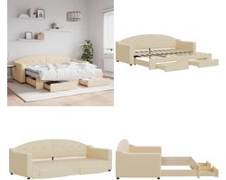vidaXL Slaapbank met onderschuifbed en lades 80x200 cm stof crèmekleur - Slaapbank Met Onderschuifbed - Slaapbanken Met Onderschuifbedden - Slaapbank - Bedbank