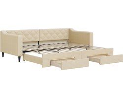 vidaXL - Slaapbank - met - onderschuifbed - en - lades - 90x200 - cm - stof - crèmekleur
