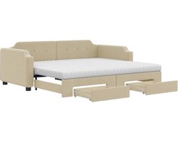 vidaXL - Slaapbank - met - onderschuifbed - en - lades - 90x200 - cm - stof - crèmekleur