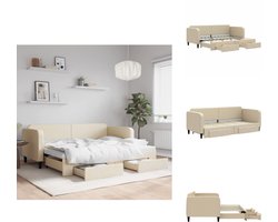 vidaXL Slaapbank Met Onderschuifbed - Slaapbanken Met Onderschuifbedden - Slaapbank - Bedbank - Slaapbank met onderschuifbed en lades 80x200 cm stof crèmekleur