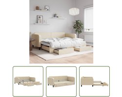 vidaXL Sofa Bed - Slaapbank - Slaapbank met onderschuifbed en lades 90x200 cm stof crèmekleur - Tweepersoons Bed - Onderschuifbed - Multifunctioneel Meubilair