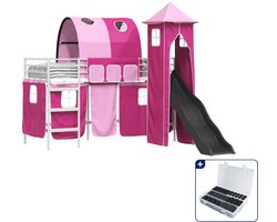vidaXL stapelbed voor kinderen - 100 x 190 cm - metaal - wit en roze - Inclusief antikrasvilt 177-delig