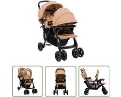 vidaXL Tandem Kinderwagen - Tweelingkinderwagen - Tweelingkinderwagen tandem staal taupe - Kinderwagen Taupe - Kinderwagen Staal - Luxe Kinderwagen