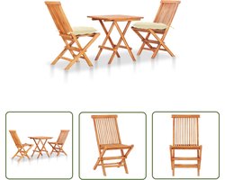 vidaXL Teak Hout - Tuinmeubilair - 3-delige Bistroset met crèmewitte kussens massief teakhout - Bistroset - Buitendecoratie - Lounge Set