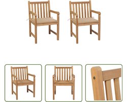 vidaXL Teak Hout - Tuinstoelen - Tuinstoelen 2 st met beige kussens massief teakhout - Buitendrank - Lounge Stoel - Tuinset