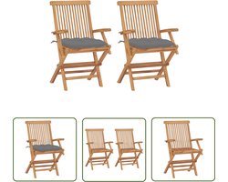 vidaXL Teak Hout - Tuinstoelen - Tuinstoelen 2 st met grijze kussens massief teakhout - Buitenstoelen - Lounge Stoel - Tuinset