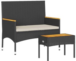 vidaXL - Tuinbank - 2-zits - met - kussens - en - tafel - poly - rattan - zwart