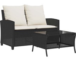 vidaXL - Tuinbank - 2-zits - met - kussens - & - tafel - poly - rattan - zwart