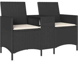 vidaXL - Tuinbank - 2-zits - met - tafel - en - kussens - poly - rattan - zwart