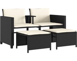 vidaXL Tuinbank 2-zits met tafel en voetenbanken Tuinbank - Lounge Set - PE-rattan - Zwarte Tuinbank - Buisstoel