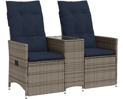 vidaXL - Tuinbank - 2-zits - verstelbaar - met - tafel - poly - rattan - grijs