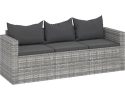 vidaXL Tuinbank 3-zits met kussens - Grijs Tuinbank - PE-rattan - Tuinset - Lounge Set - Buitendecor - Outdoor Furniture - Garden Sofa